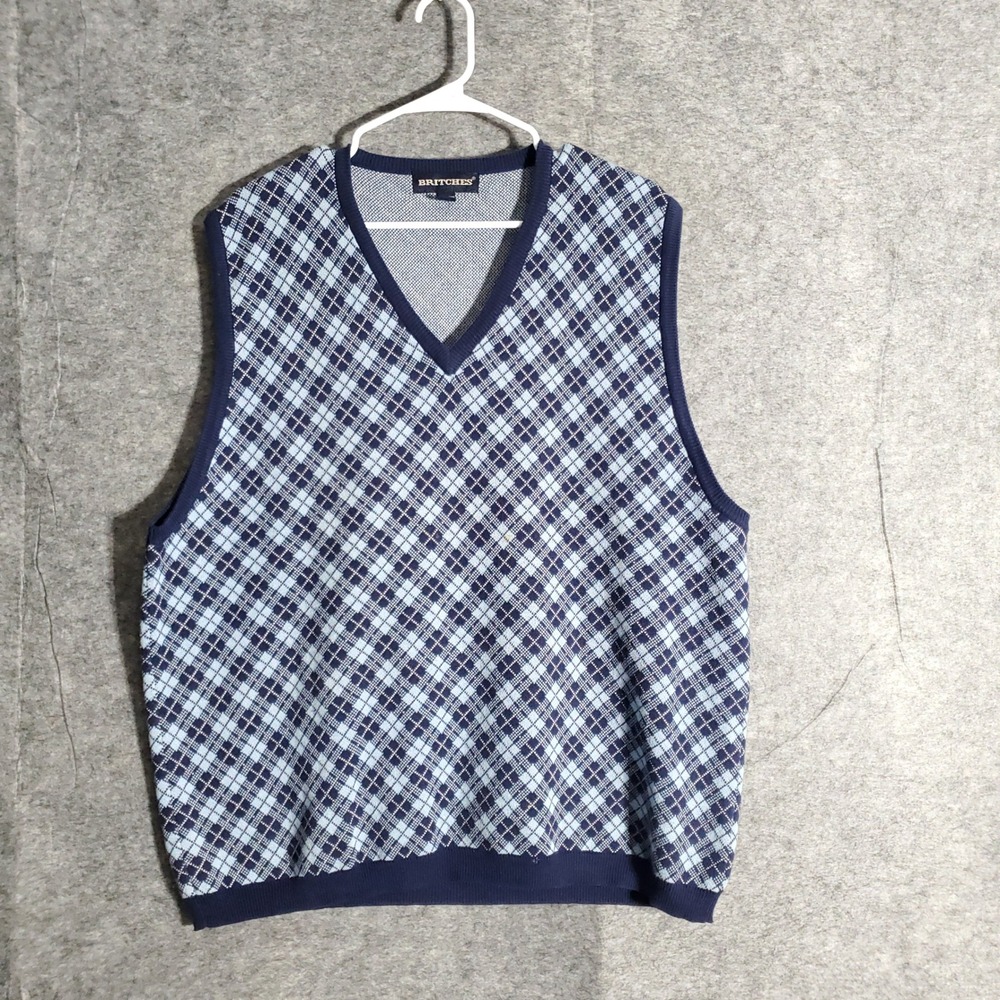 BRITCHES Sweater Vest Mens XL Blue Light Blue Argyle V Neck Cotton Casual Wear